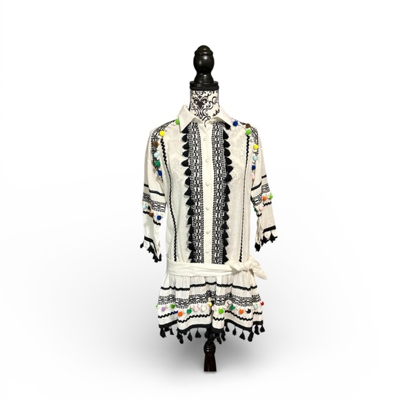 DODO BAR OR Delilah White and Black Embroidered Romper with Colorful Pom Pom - Picture 2 of 9